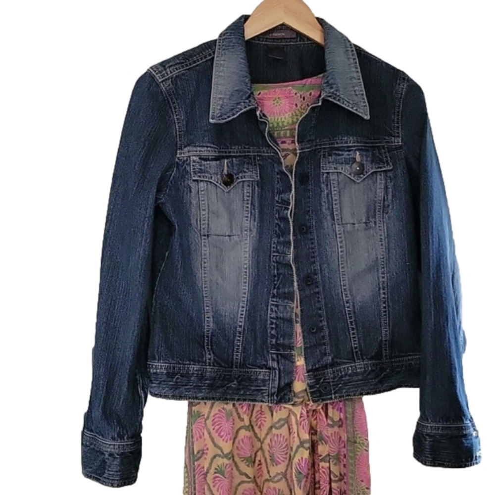 Liz Claiborne Dark Washed Denim Jean Cropped Disstressed Western Jacket Sz.M